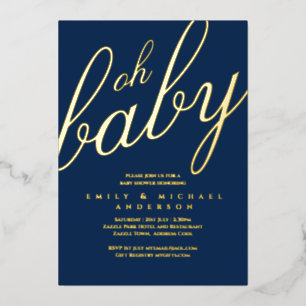 Invitation En Aluminium Baby shower moderne tout-en-1 en or FOIL Bleu