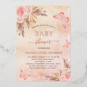 Invitation En Aluminium Baby shower pampas herbe rousse papillon
