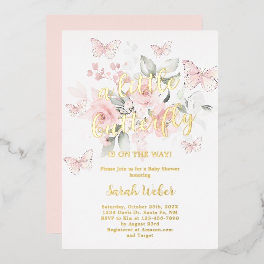 Invitation En Aluminium Baby shower papillon rose fille véritable huile (Recto/Verso)