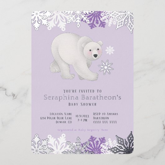 Invitation En Aluminium Baby shower Polaire pourpre à flocon argenté (Recto)