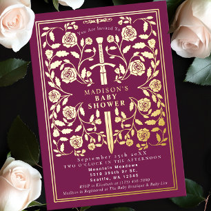 Invitation En Aluminium Baby shower Royal Médiéval Rose Gold Sword Girl