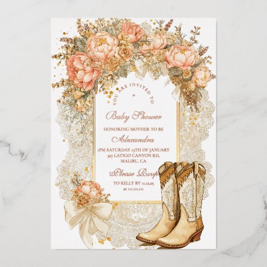 Invitation En Aluminium Baby shower Rustic Country Peony Boots (Recto)