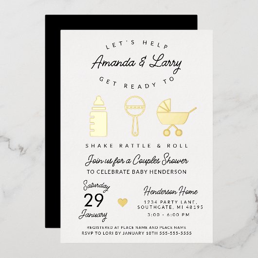 Invitation En Aluminium Baby shower Shake Rattle et Roll (Recto/Verso)