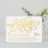 Invitation En Aluminium Baby shower Surprise moderne en or (Debout devant)