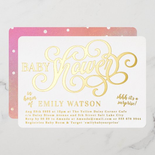 Invitation En Aluminium Baby shower Surprise moderne en or (Recto/Verso)