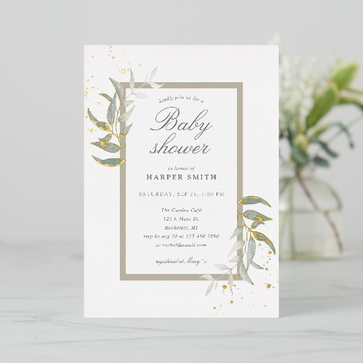 Invitation En Aluminium Baby shower vert et or bronzé (Debout devant)