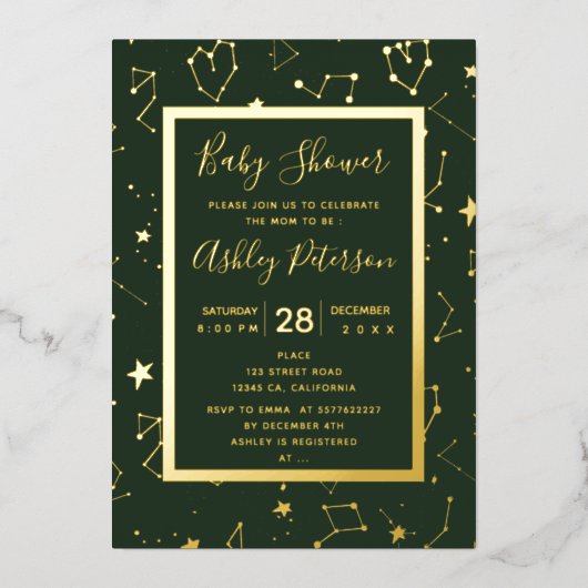 Invitation En Aluminium Baby shower vert étoile de constellation cardiaque (Recto)