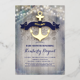 Invitation En Aluminium Bain de bébé rustique sur la plage bleu marine et