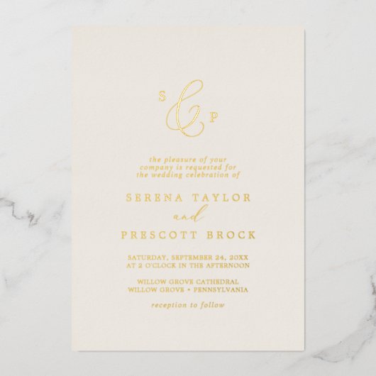 Invitation En Aluminium Baisse en or délicate | Mariage de monogramme offi (Recto)