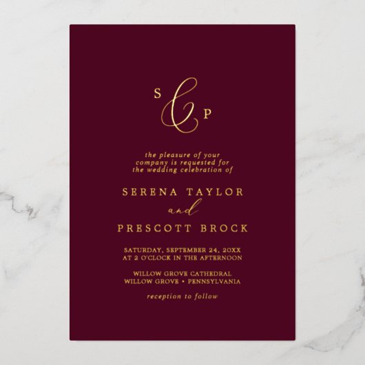 Invitation En Aluminium Baisse en or délicate | Mariage Monogram Bourgogne (Recto)