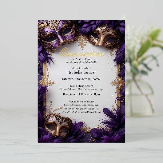 Invitation En Aluminium Bal Masqué Quinceañera Royal Baroque Violet (Debout devant)