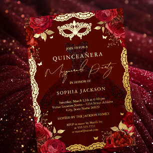 Invitation En Aluminium Bal masqué Robe rouge or Rose Quinceanera