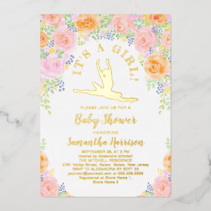 Invitation En Aluminium Ballerine bébé Fleurs Aquarelle Rose Or Fête Préna