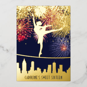 Invitation En Aluminium Ballerine Feu d'Artifice Horizon Douce 16 Bleu Or