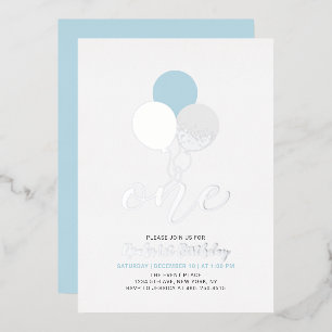 Invitation En Aluminium Ballons Bleus et Argentés pour la 1ère Fête d'Anni