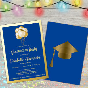 Invitation En Aluminium Ballons d'or sur Blue Graduate Party