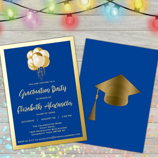 Invitation En Aluminium Ballons d'or sur Blue Graduate Party