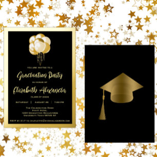 Invitation En Aluminium Ballons Noir et Or Partie de Graduation