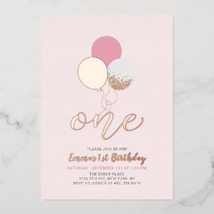 Invitation En Aluminium Ballons roses et or Une 1ère fête d'anniversaire