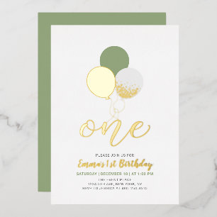 Invitation En Aluminium Ballons Sage & Gold   Une 1ère fête d'anniversaire
