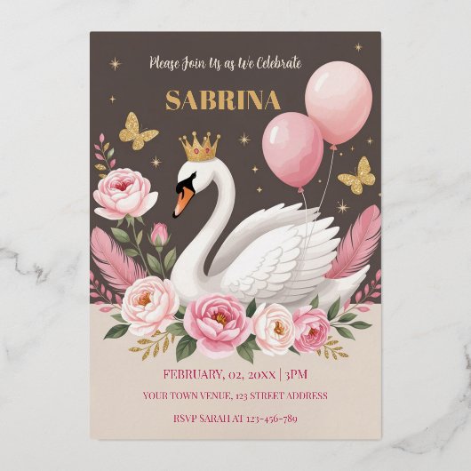 Invitation En Aluminium Balloon rose Swan Princesse Balloon Anniversaire (Recto)