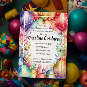 Invitation En Aluminium Balloons de fête colorés floraux à l'aquarelle