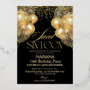 Invitation En Aluminium Balloons noirs et dorés pour les 16 ans pour une p