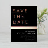 Invitation En Aluminium Bande Rose noir en or Enregistrer la date Elegant (Debout devant)