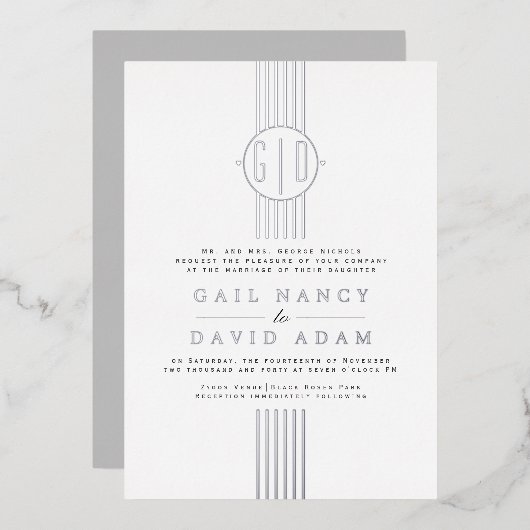 Invitation En Aluminium Bandes de feuille d'argent réel, mariage monogramm (Recto/Verso)