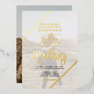 Invitation En Aluminium Bandes de script doré chic mariage 2 photos