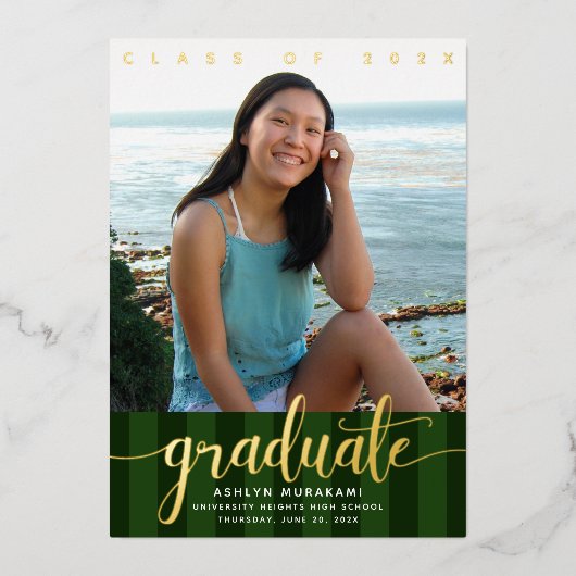 Invitation En Aluminium Bandes vertes diplôme script photo en or réel (Recto)