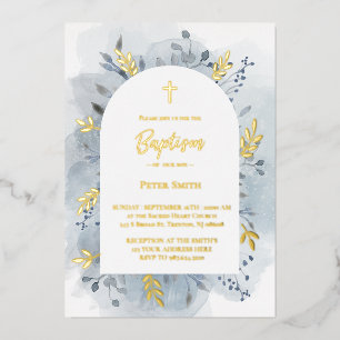 Invitation En Aluminium Baptême aquarelle bleu poussiéreux