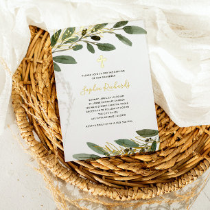 Invitation En Aluminium Baptême au feuillage d'olive méditerranéen et feui
