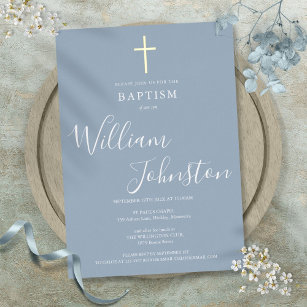 Invitation En Aluminium Baptême Bleu Dusty Christening Elegant Gold Cross