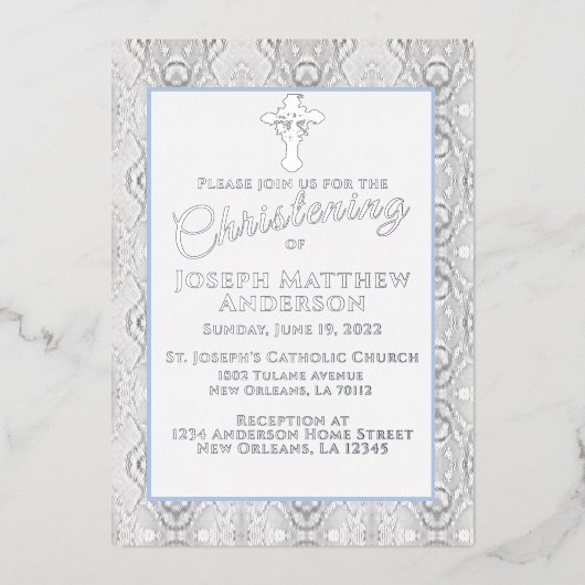 Invitation En Aluminium Baptême Bleu Faux Lace / Baptême (Recto)