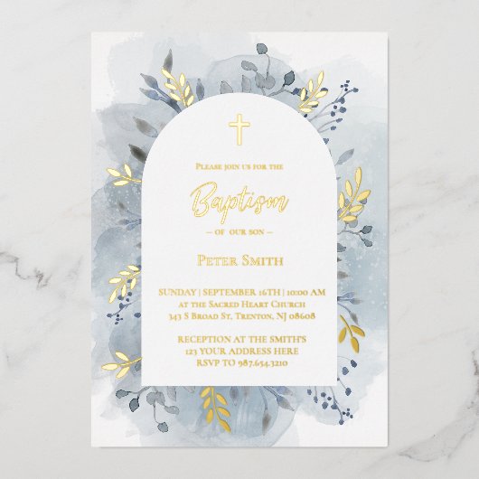 Invitation En Aluminium Baptême bleu poussiéreux aquarelle argent (Recto)