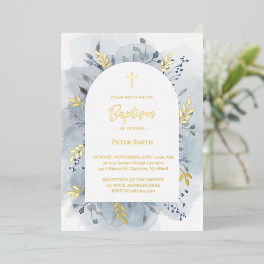 Invitation En Aluminium Baptême bleu poussiéreux aquarelle or feuille invi (Debout devant)