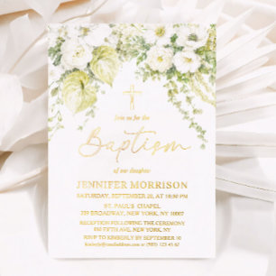 Invitation En Aluminium Baptême chrétien Croix de Fleur Blanche et Or Réel