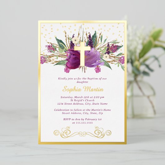 Invitation En Aluminium Baptême croisé d'Améthyste pourpre brillant (Debout devant)