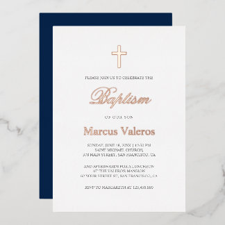 Invitation En Aluminium Baptême croix élégante simple bleu marine OR ROSE