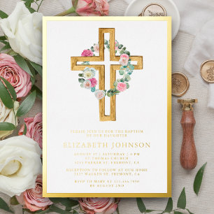 Invitation En Aluminium Baptême Croix en Bois de Eucalyptus Floral Rustiqu