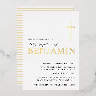 Invitation En Aluminium BAPTÊME croix moderne élégante stylée noir or