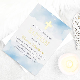 Invitation En Aluminium Baptême Croix Or Nuages Aquarelle Bleu Bébé