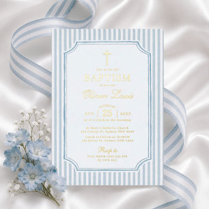 Invitation En Aluminium Baptême de bébé garçon à rayures bleues vintage mo