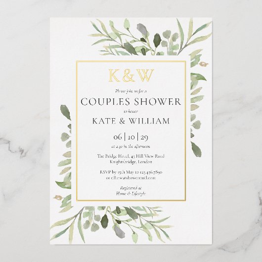 Invitation En Aluminium Baptême de couple Elegant Monogram Greenery Or (Recto)