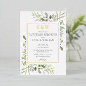 Invitation En Aluminium Baptême de couple Elegant Monogram Greenery Or (Debout devant)