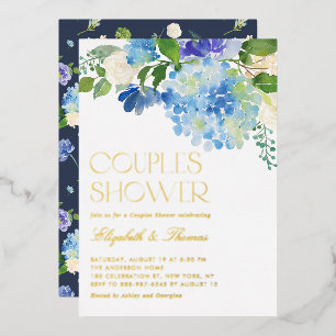 Invitation En Aluminium Baptême de Couple Floral Hydrangea Bleu Aquarelle
