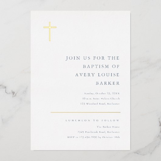 Invitation En Aluminium Baptême de Croix d'or minimal moderne (Recto)