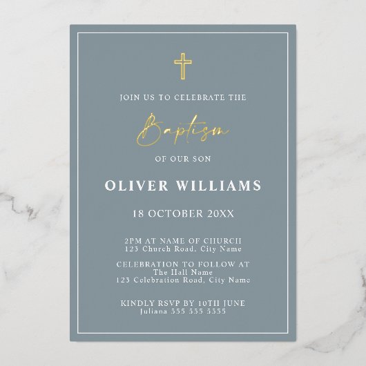 Invitation En Aluminium Baptême Dusty Blue & Gold Boy (Recto)