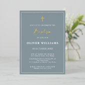 Invitation En Aluminium Baptême Dusty Blue & Gold Boy (Debout devant)